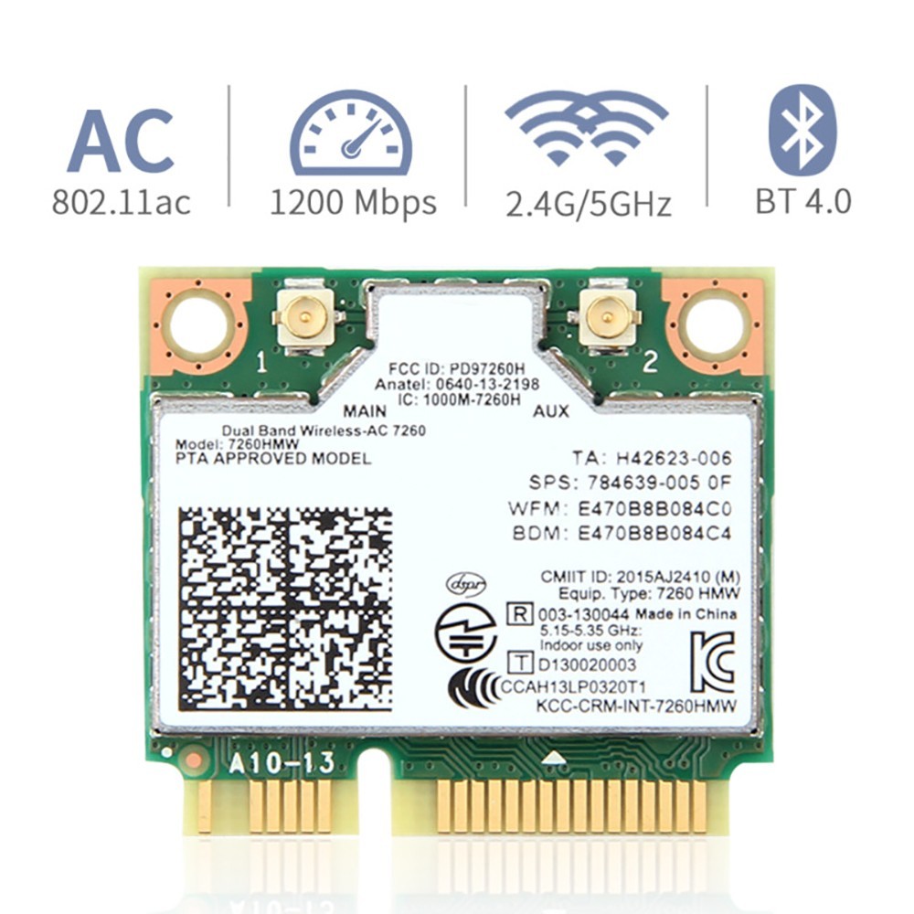 Intel 7260HMW Dual-Band Wireless-AC Card, 802.11ac WiFi + Bluetooth 4.0 for PC