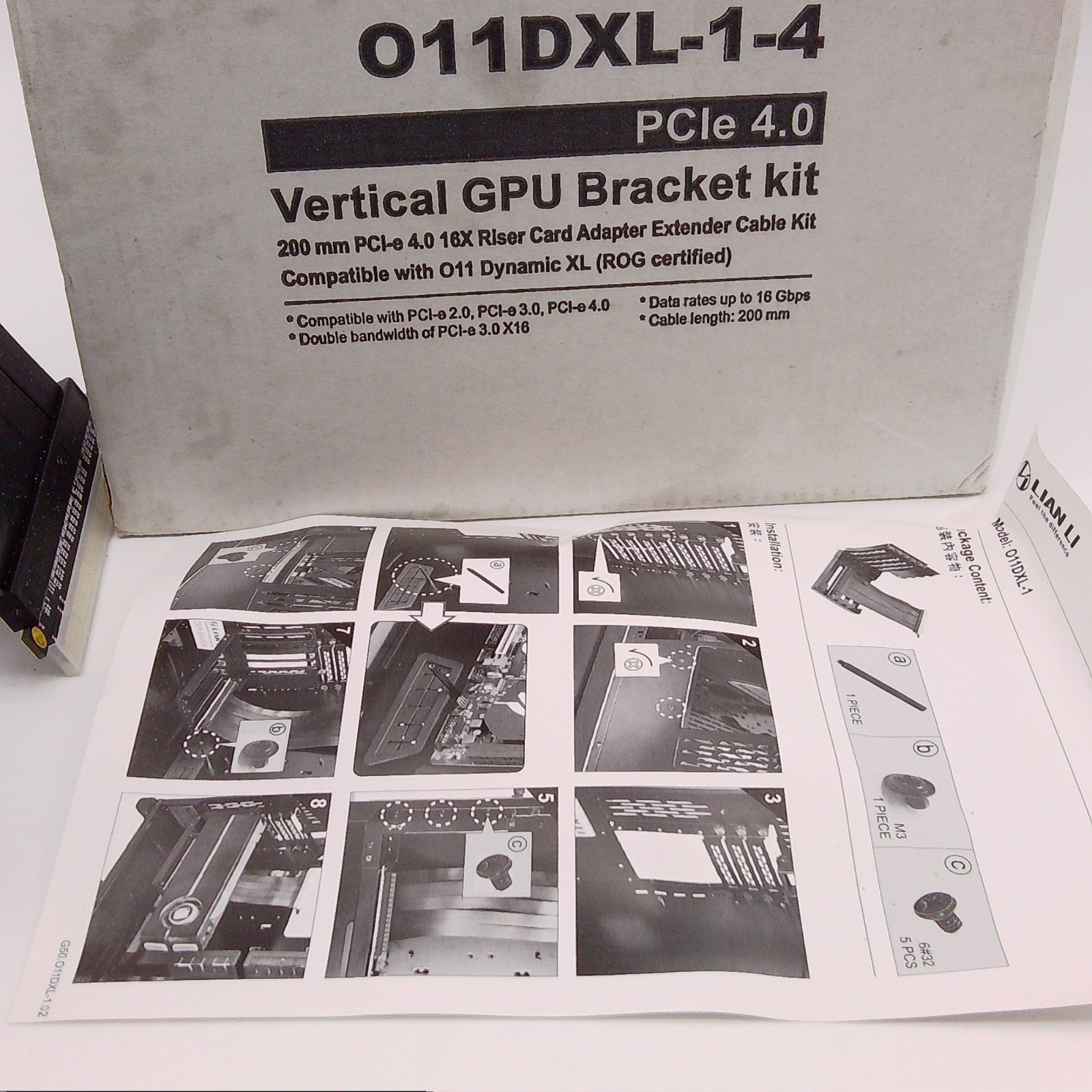 011DXL-1-4 PCle 4.0 Vertical GPU Bracket Kit 200mm 16X Riser Card Adapter Extend