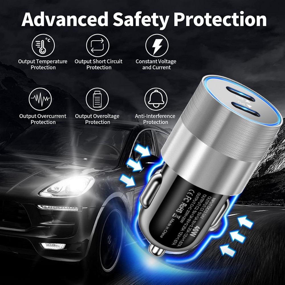 New USB-C Fast Car Charger For iPhone 15 14 13 12 11 Pro Max Samsung 40W Adapter