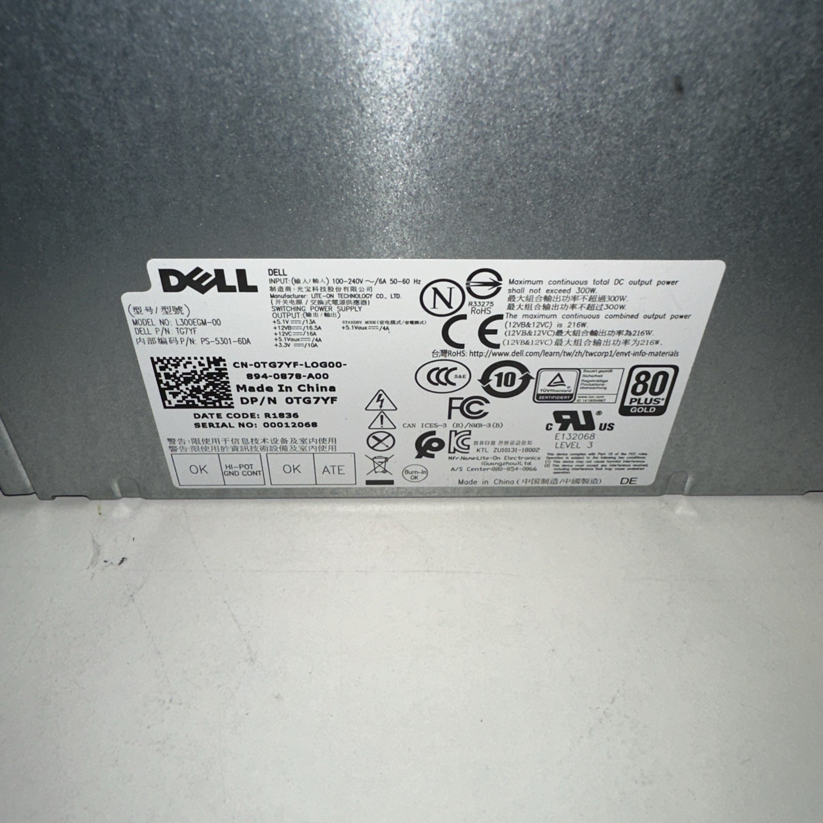 Genuine Dell Precision 3630 Tower 300W Power Supply L300EGM-00 0TG7YF