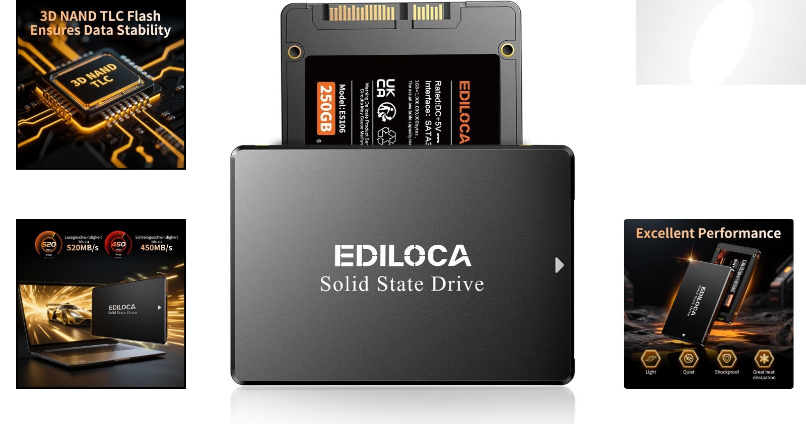 250GB SATA III SSD – High-Speed 520MB/s Read, Shock-Proof & Durable Design