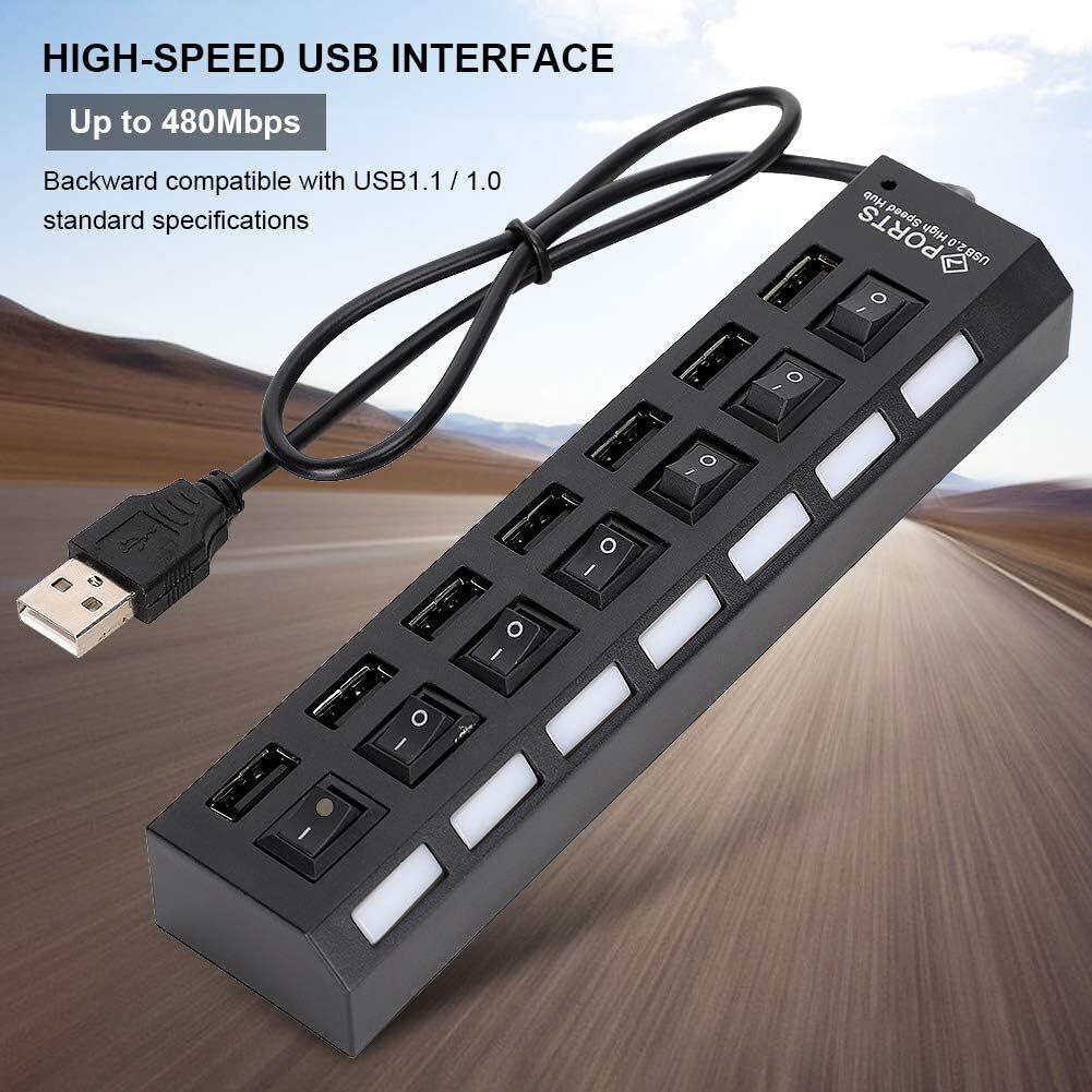 USB Hub 7 Port On/Off Switch High Speed Splitter AC Adapter Cable PC Laptop Lot
