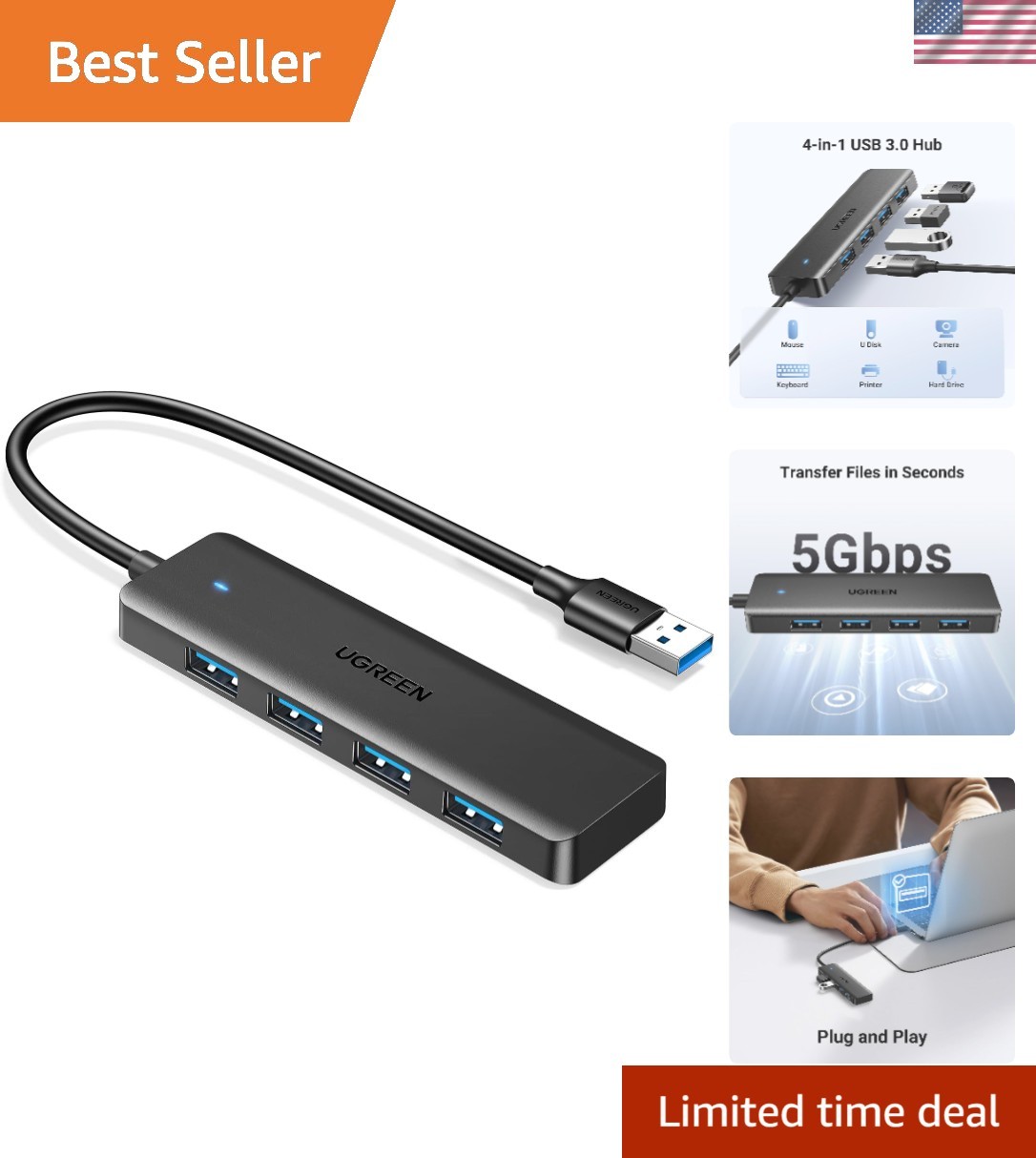 4 Ports USB 3.0 Expansion Hub for Gaming, Laptops & More, 5Gbps Transfer Speed