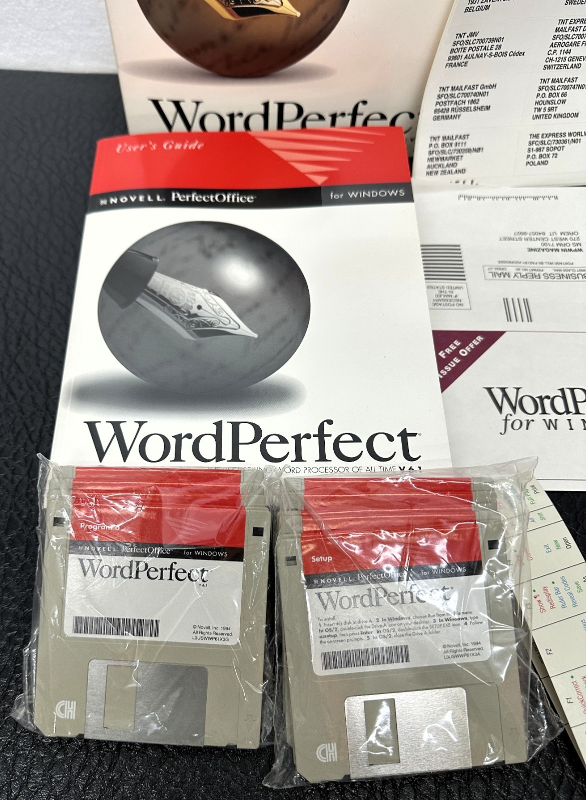 Novell WordPerfect 6.1 for Windows COMPLETE Floppy Set Box Manuals VTG Open Box