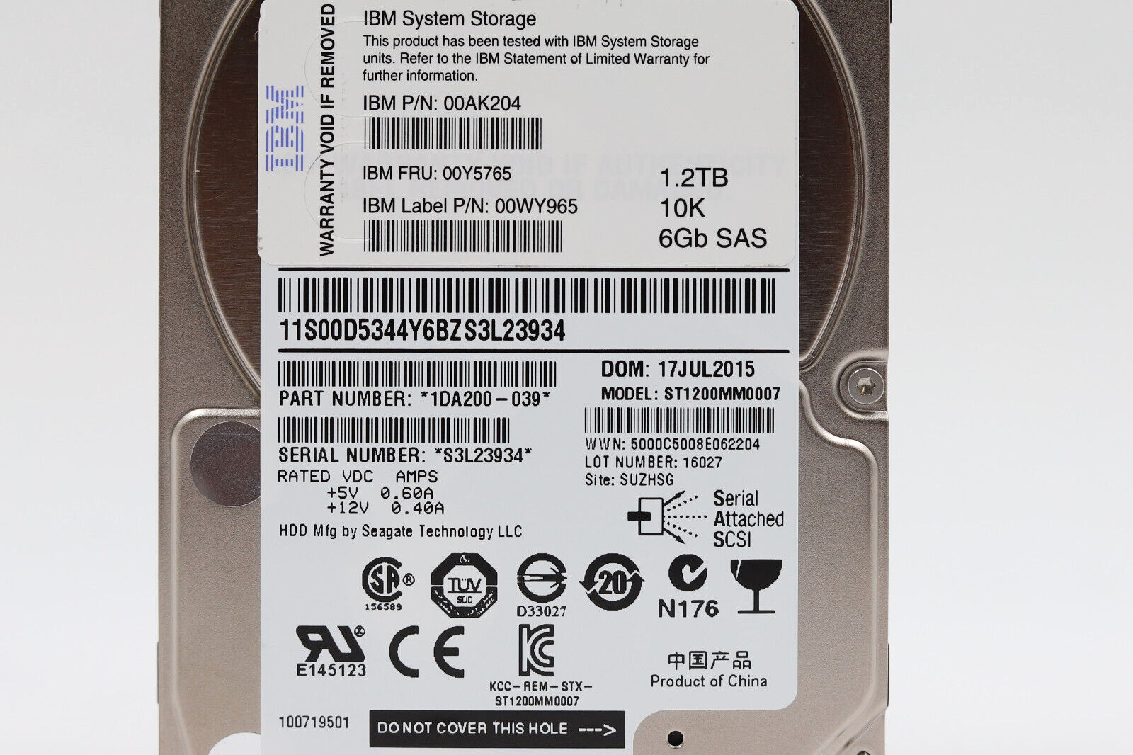 IBM ST1200MM0007 1.2TB 2.5″ 6Gb/s 10K RPM SAS Hard Drive FRU P/N: 00Y5765 Tested
