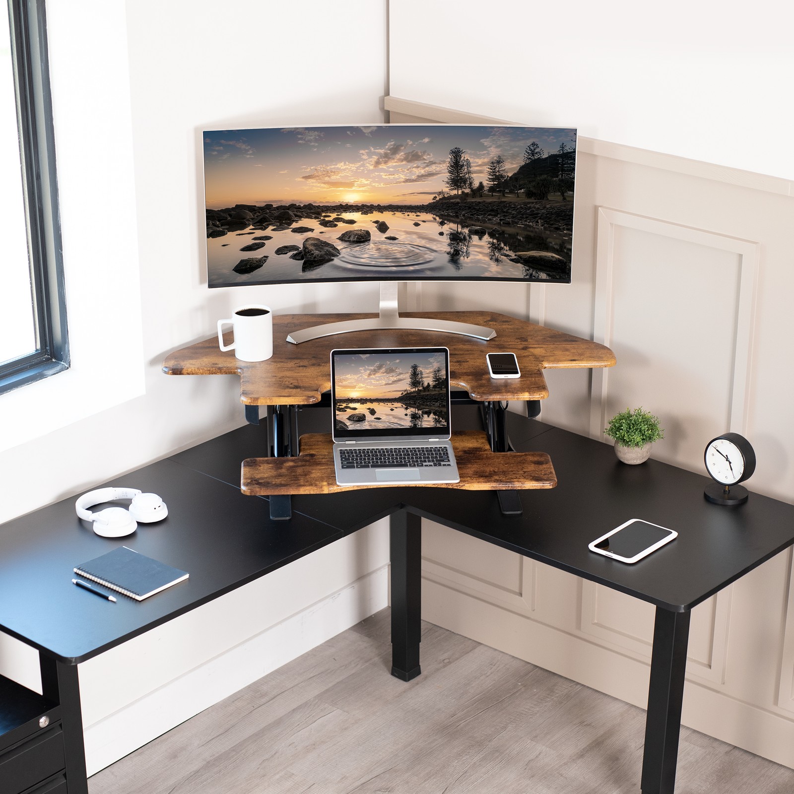 VIVO Rustic Vintage Brown Corner Height Adjustable Sit to Stand Tabletop Desk