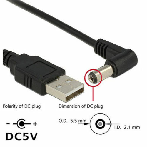 USB 2.0 Port To DC 5.5mm x 2.1mm Cable 90 Degree Right Angle Phone/PC/ Computer