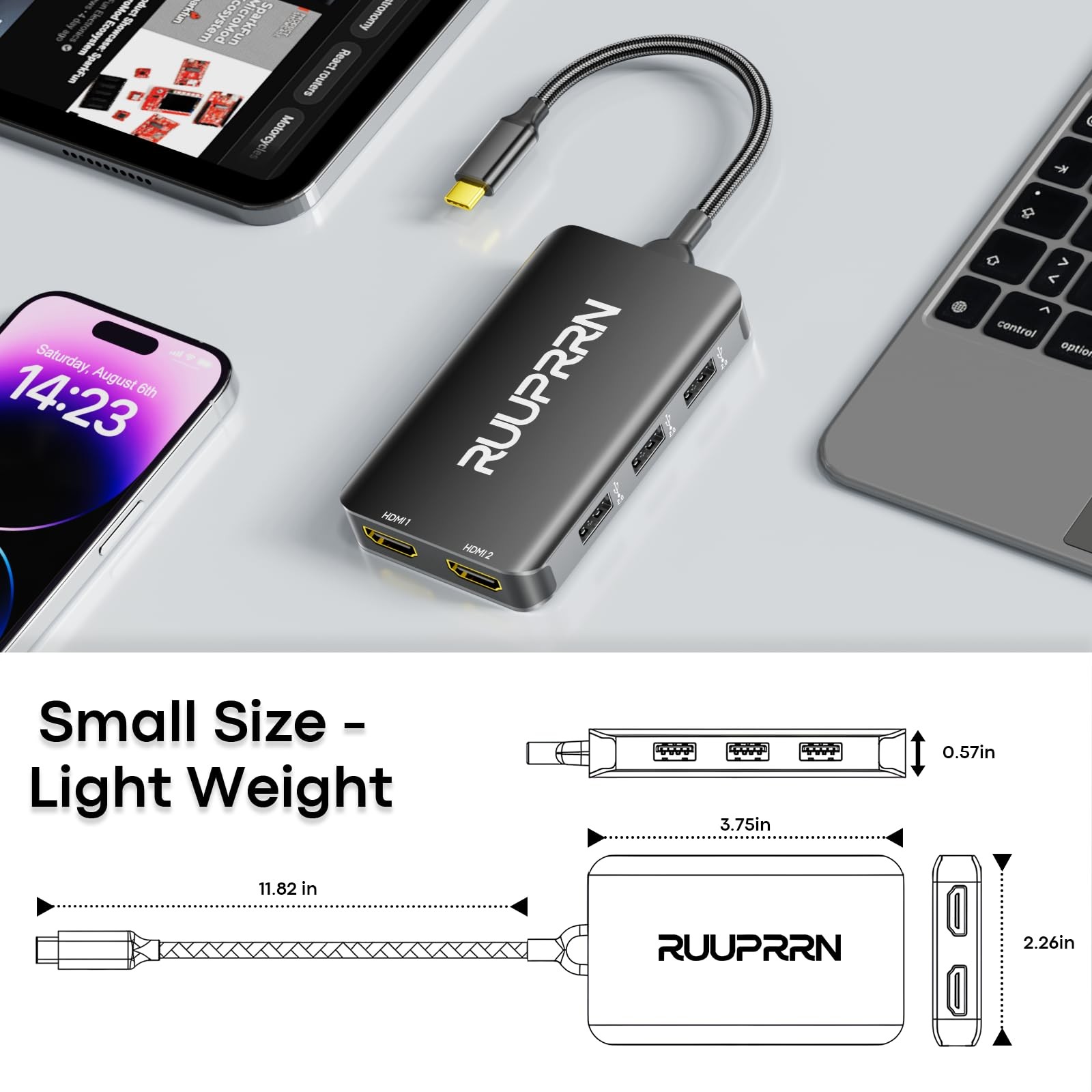 6-in-1 USB Hub (0.99FT), USB C to Dual HDMI Adapter 4K@60Hz, HDMI Splitter Ex…
