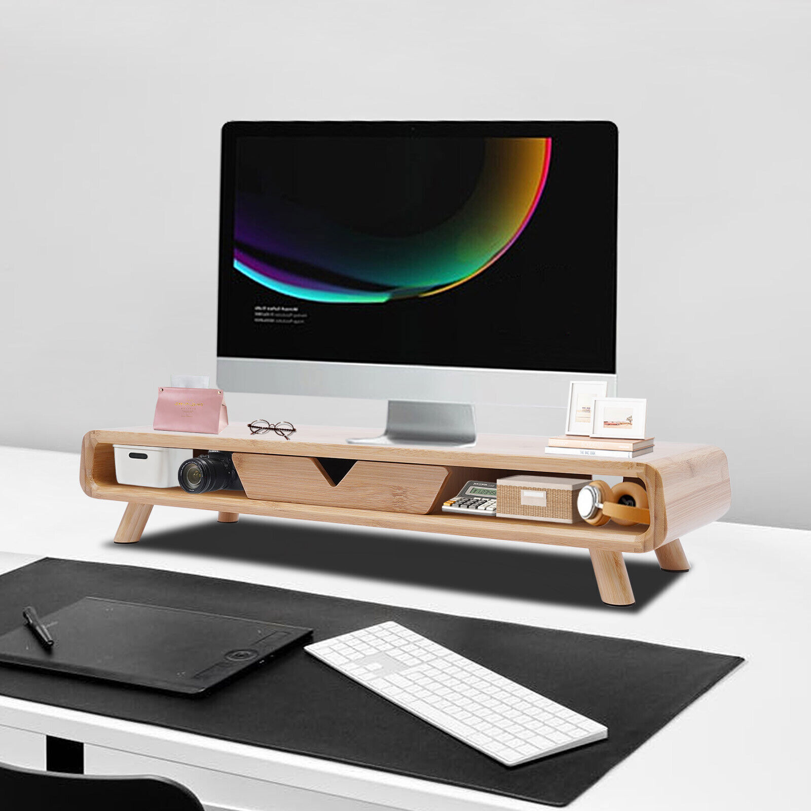 24in Bamboo Monitor Stand W/ Drawer Back Baffle Desktop Stand Riser 4.5in Height