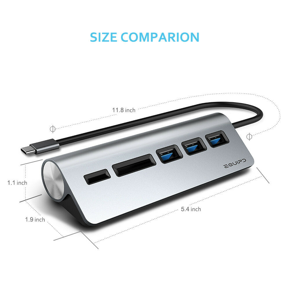 Aluminum USB Type-C Hub Adapter w/3 USB 3.0, SD/TF Card Reader for iMac Macbook