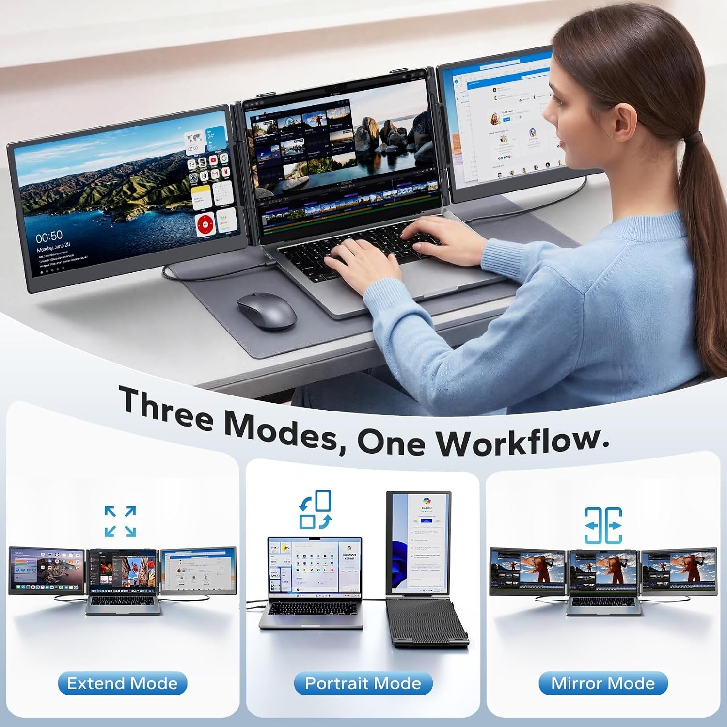 Laptop Screen Extender, 14″ FHD 1080P IPS Triple Screen Laptop Monitor Extender