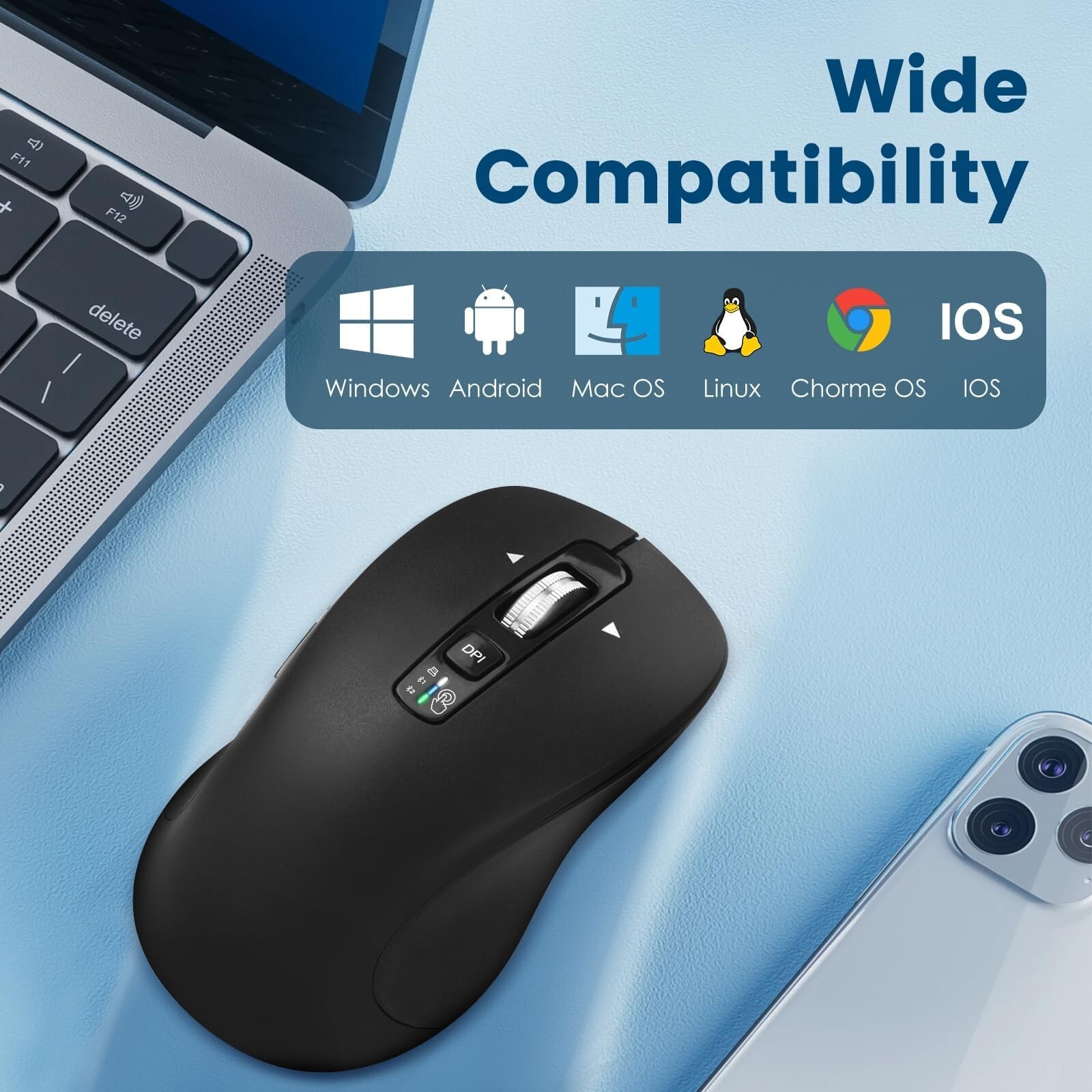 Wireless Bluetooth Mouse (USB + BT1 + BT2), Full Size Mouse, 4-Way Scrolling,…