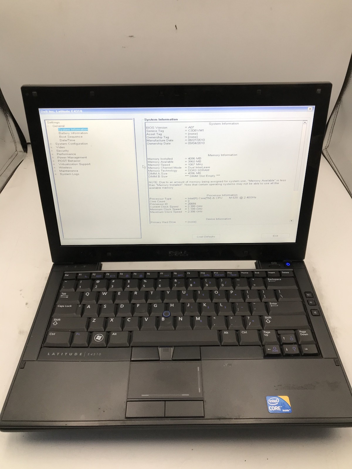 DELL LATITUDE E4310 – BOOTS TO BIOS – INTEL I5 M520 – NO RAM – NO OS – READ – BB