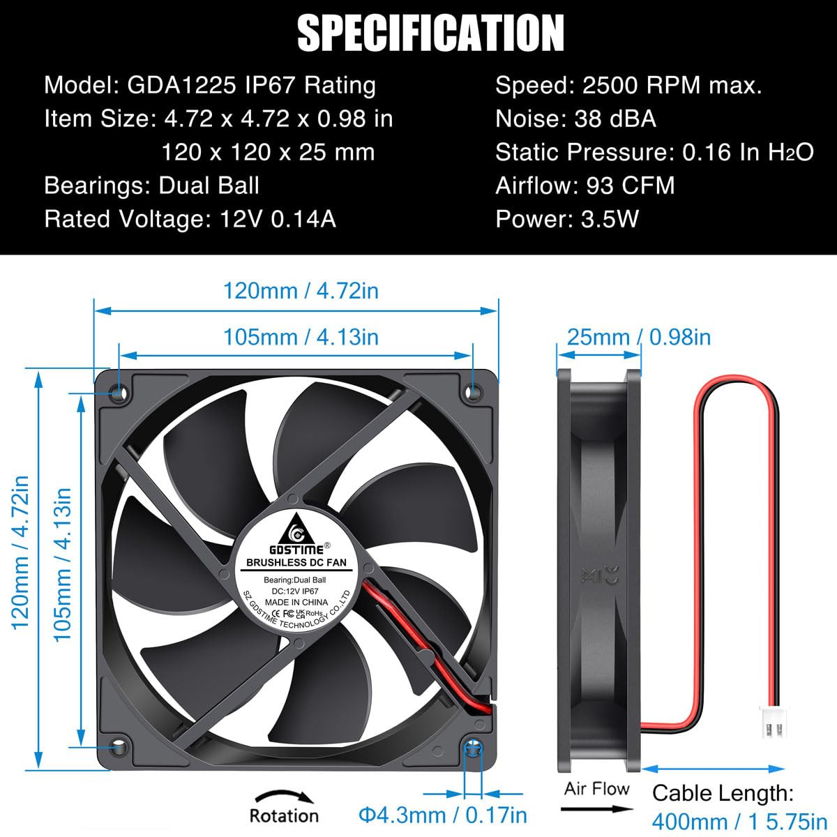 12V DC 120mm Waterproof High-Speed Brushless Cooling Fan for Outdoor Use
