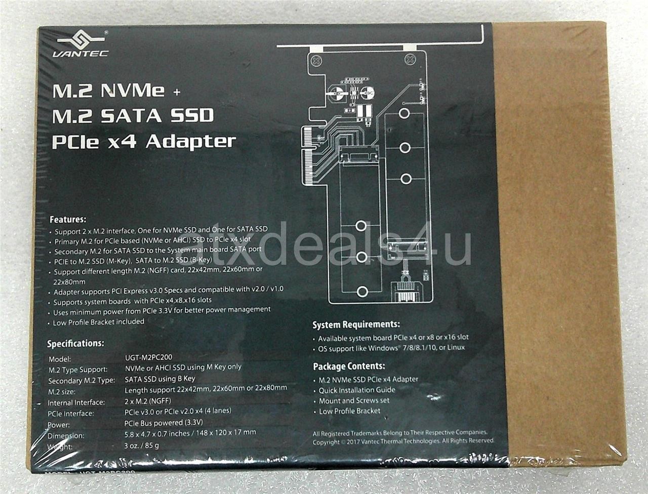 VANTEC UGT-M2PC200 M.2 NVMe + M.2 SATA SSD PCIe x4 Adapter New Sealed