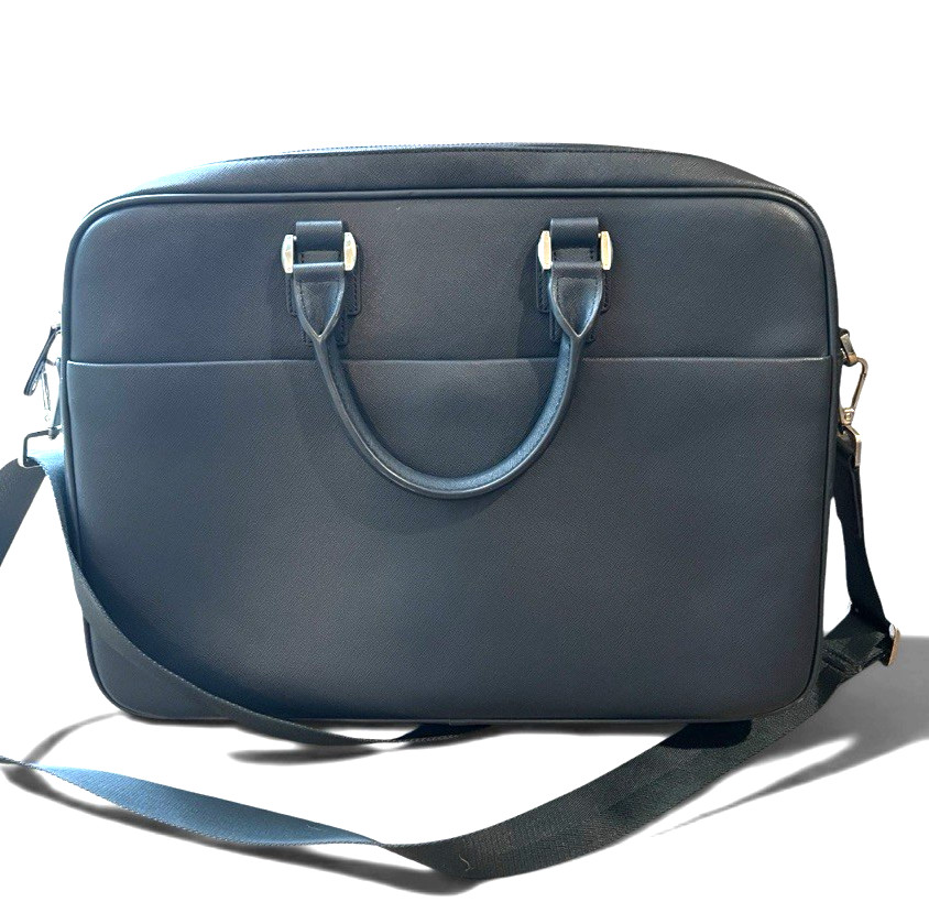 PEDRO Navy Blue Leather Briefcase Shoulder Bag Computer Padded Travel NWT
