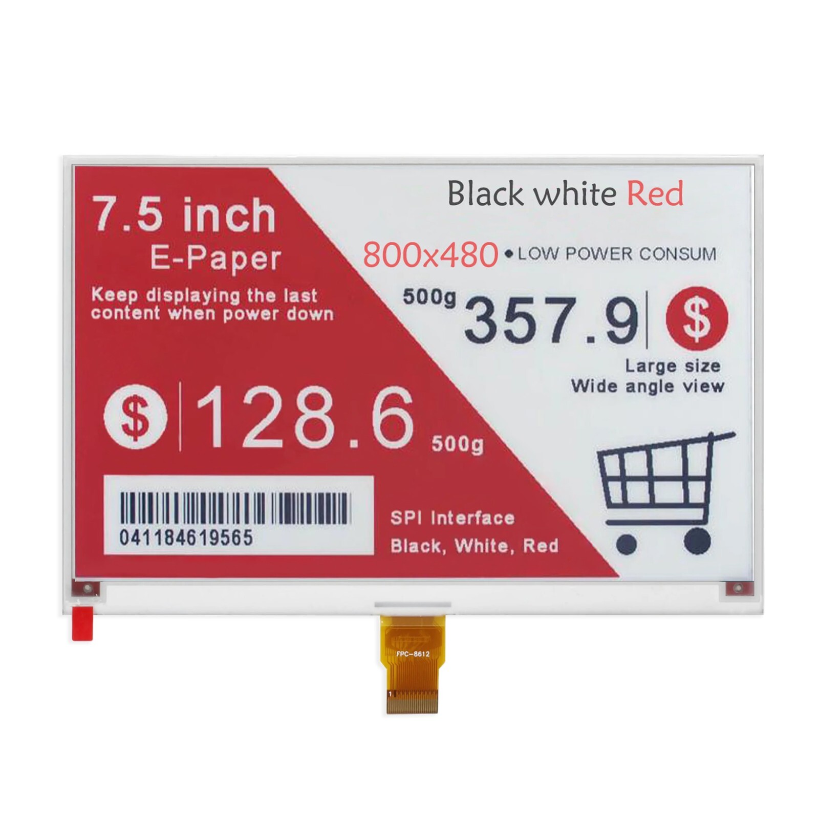 7.5-inch e-ink display HAT 800×480 SPI 24-pin black and white red e-paper screen