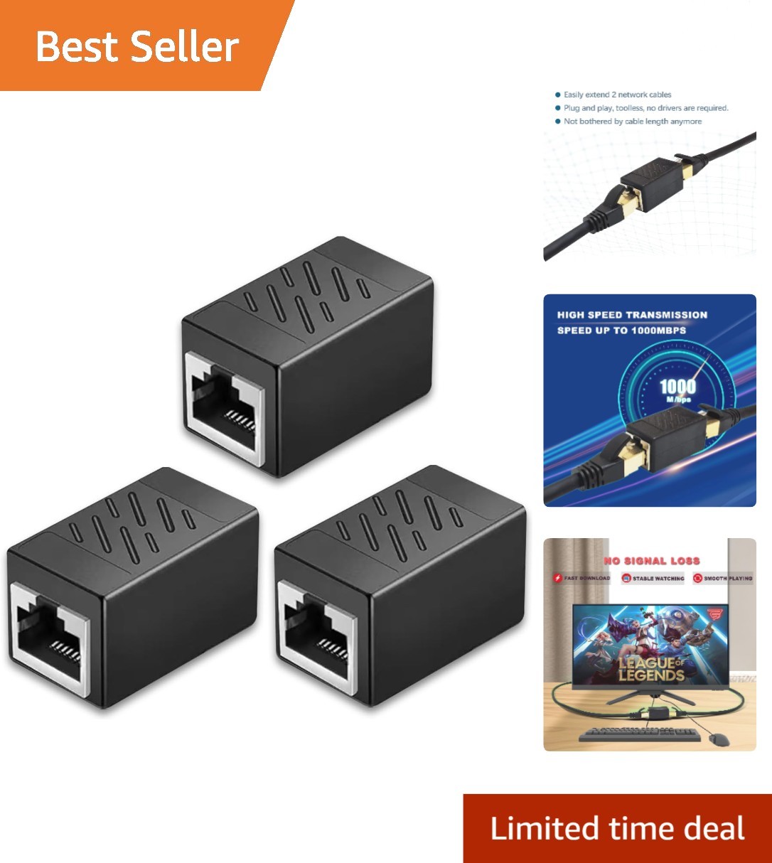 Gold Plated 3 Pack Ethernet Extender RJ45 Coupler for Longer Connections