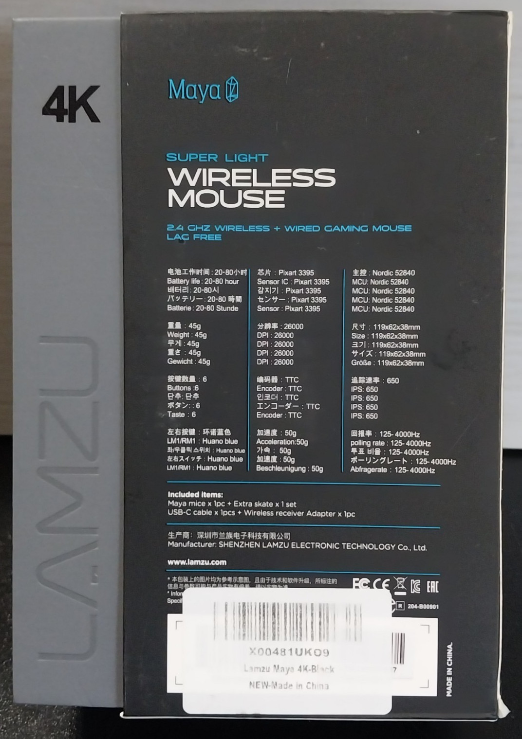 Lamzu Maya 4K 26000 DPI Wireless Gaming Mouse Super Light 5 Button Black