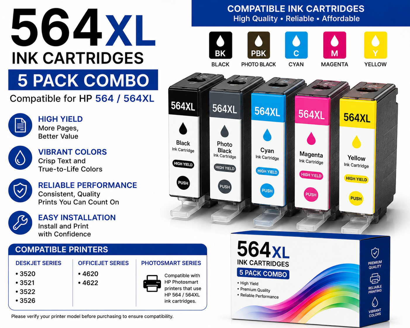 564XL Ink Cartridges Combo Pack Compatible for HP 564XL 564 – 5 Pack BK/PBK/C/M/