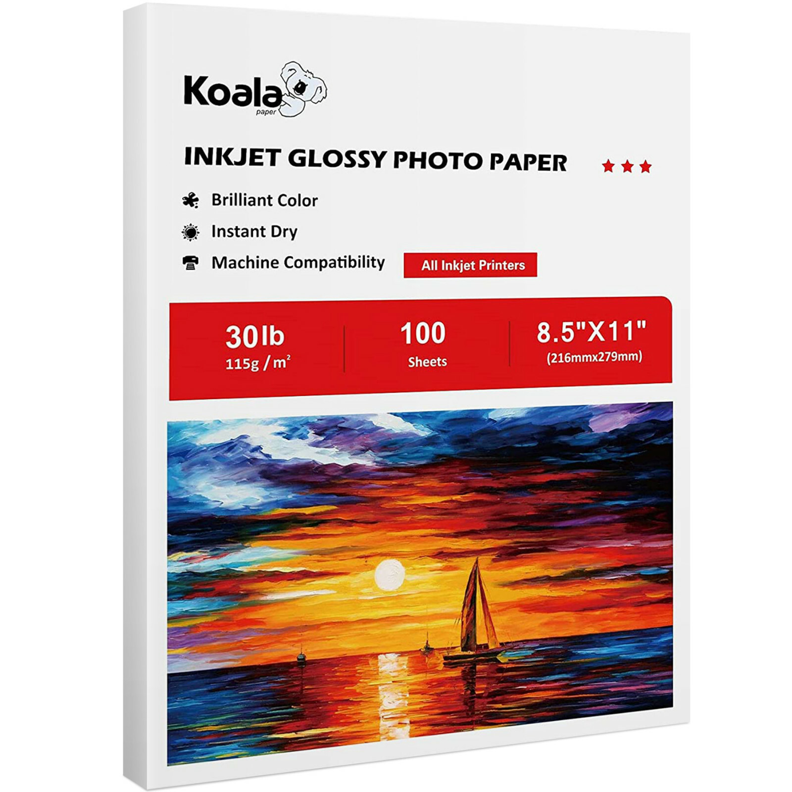 100 Sheet Koala Thin Photo Paper 8.5×11 Glossy 30lb 115g Inkjet Printer Chip Bag
