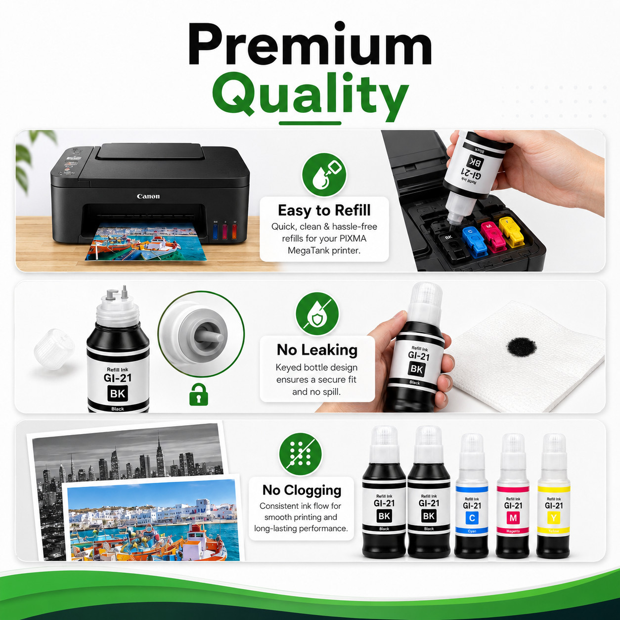 GREENCYCLE GI-21 Ink Refill Bottle Set 4PK for Canon MegaTank G3272 G4270 G3290