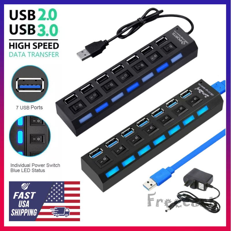 7 Port USB 2.0 / 3.0 Hub Splitter Adapter High Speed For PC Laptop Mac Desktop