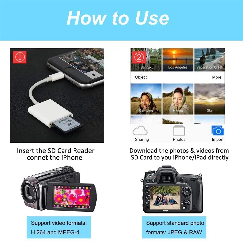 TF/SD Card Adapter Camera Reader for iPad iPhone6 7 8 Plus 13 14 15 Pro X Xs Lot