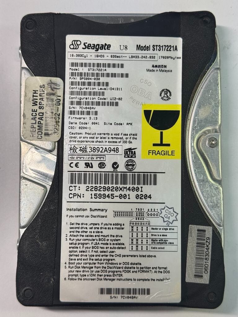 Seagate 9P5004-030 ST317221A 17.02GB 5.4K RPM FW 3.13 DC 0041 ATA-66 3.5″HDD