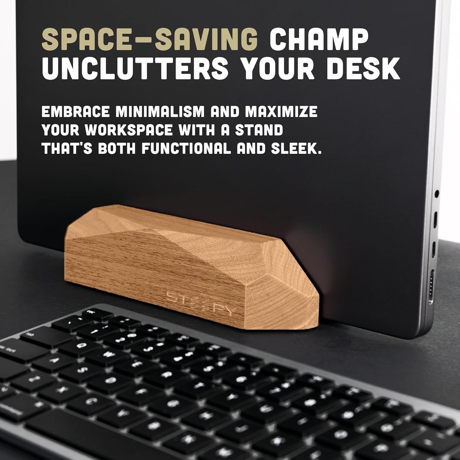 Steepy Vertical Laptop Stand Oak Wood Adjustable Desk Dock MacBook Holder Open B