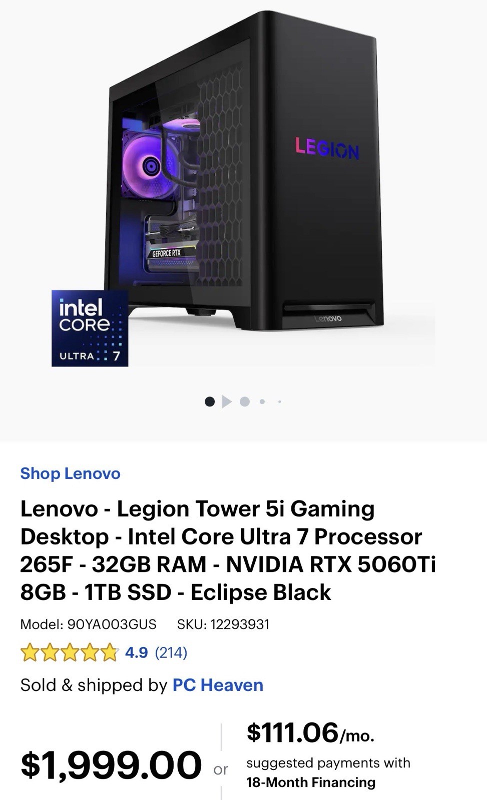 Lenovo Legion Tower 5i Gaming Desktop Intel Core Ultra 7 Processor 265F 32GB RAM