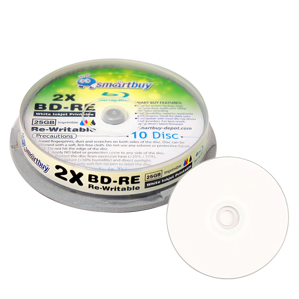 10 Smartbuy 2x 25GB Blu-ray BD-RE Rewritable White Inkjet Hub Printable Disc