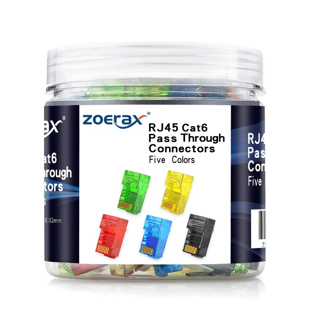 100-Pack RJ45 Cat6 Pass through Connector, Assorted Colors, RJ45 Modular Plugs f