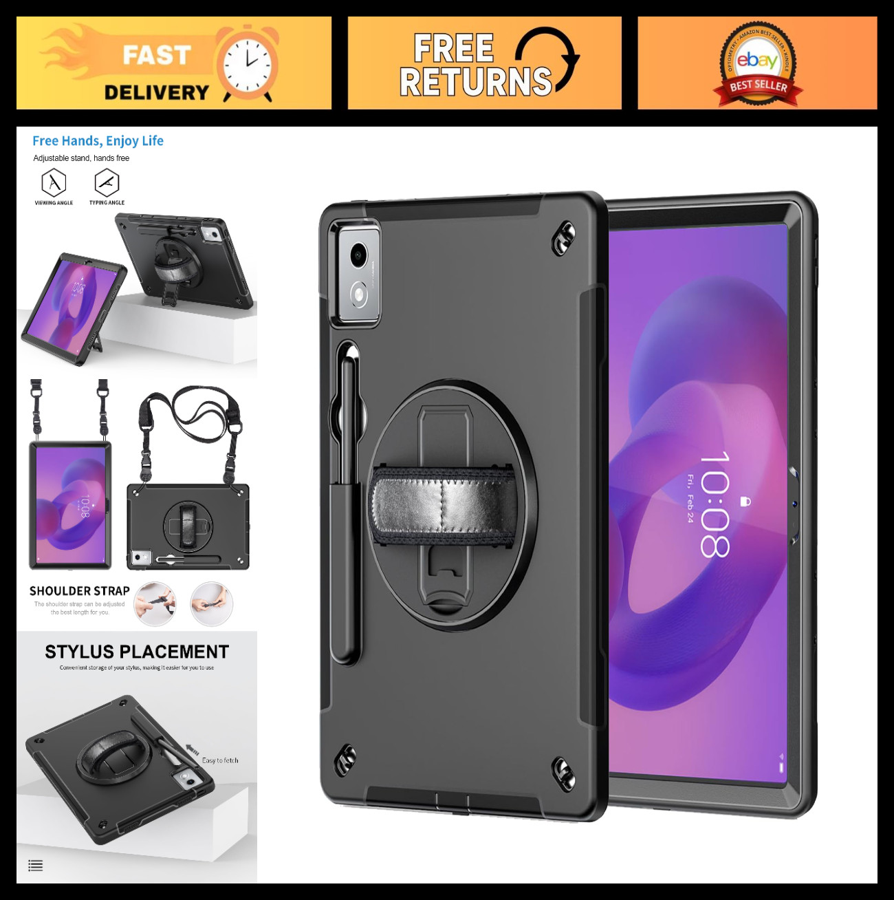 Heavy Duty Shockproof Rugged Case for 12.7″ Tablet w/ 360° Kickstand, Hand Strap
