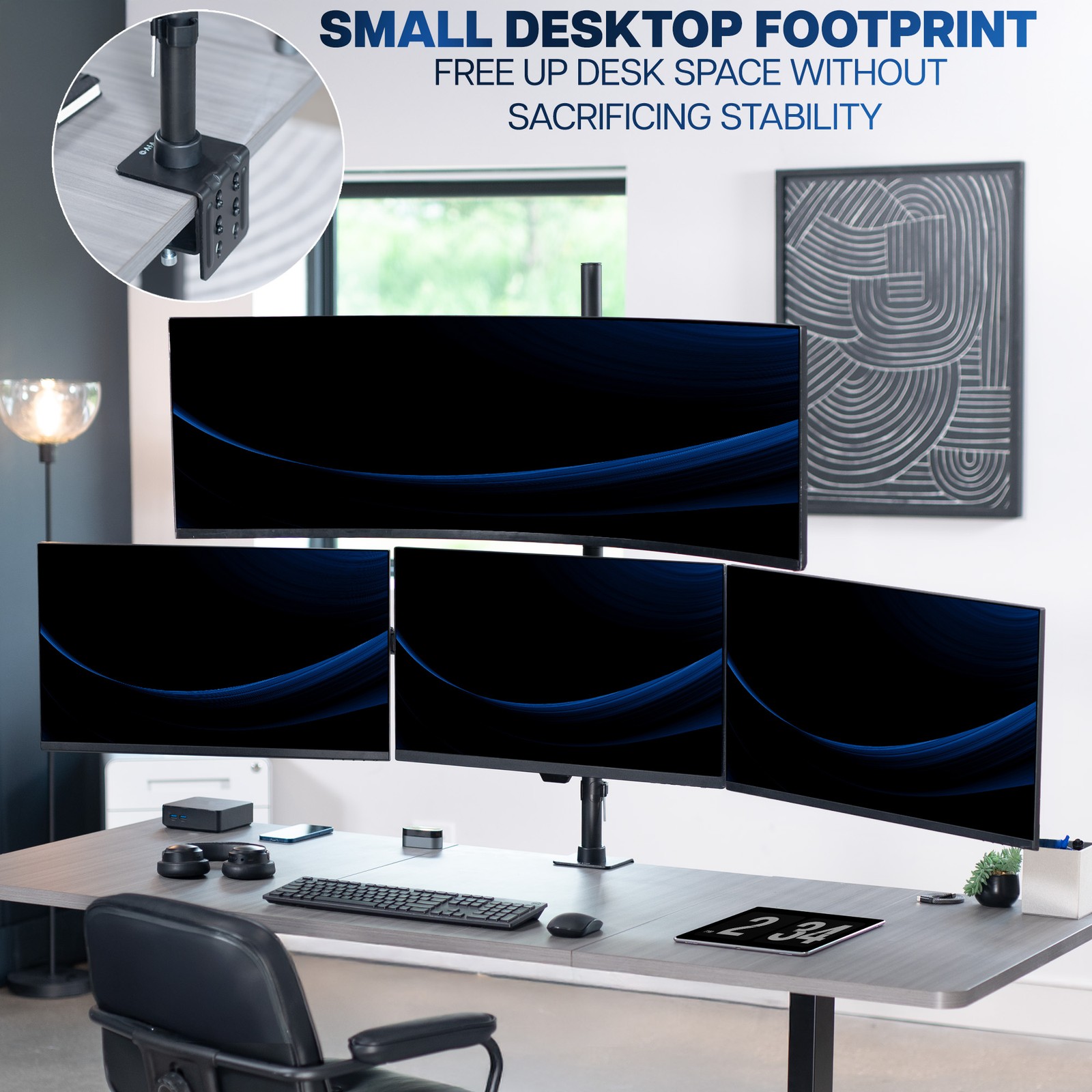 VIVO Quad Computer Monitor Desk Mount, 1 Ultrawide to 49″, 3 Standard to 27″