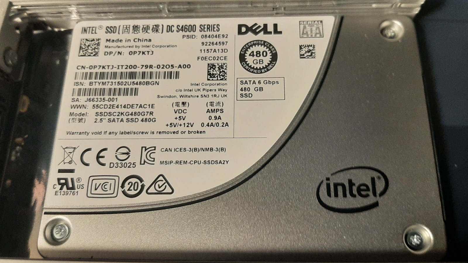SET OF 2 – DELL/INTEL P7KTJ 480GB SSD DRIVES WITH TRAYS – FREE SHIP!!