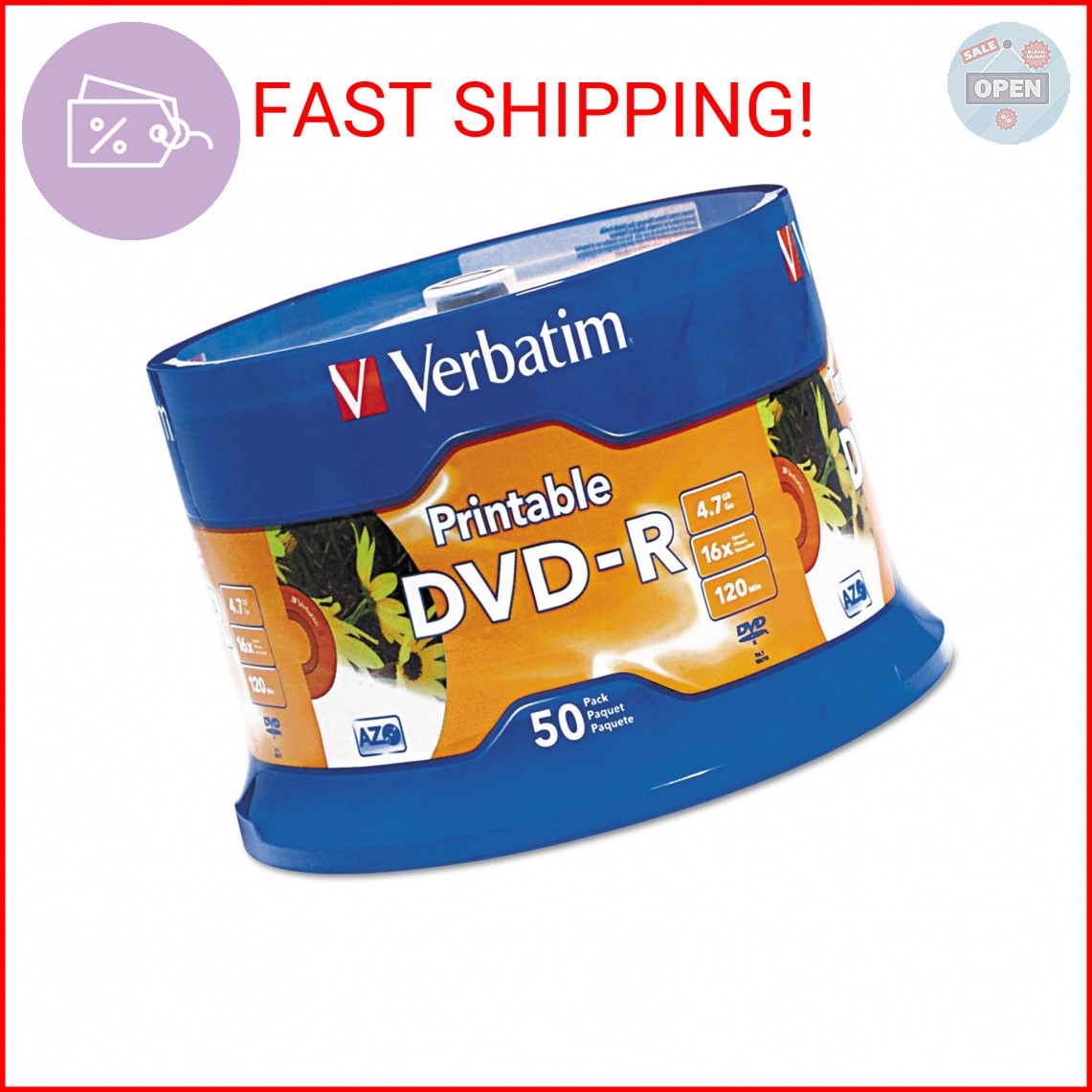 Verbatim DVD-R 4.7GB 16X White Inkjet Printable with Branded Hub, 50-Disc