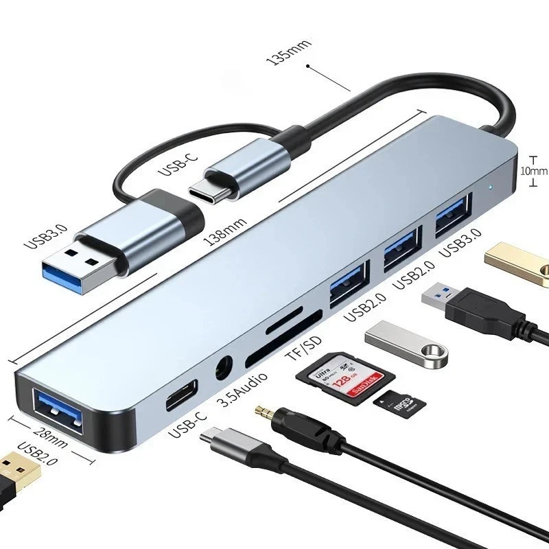8-in-2 USB Type-C Hub Docking Station Audio Jack Micro SD Reader Adapter