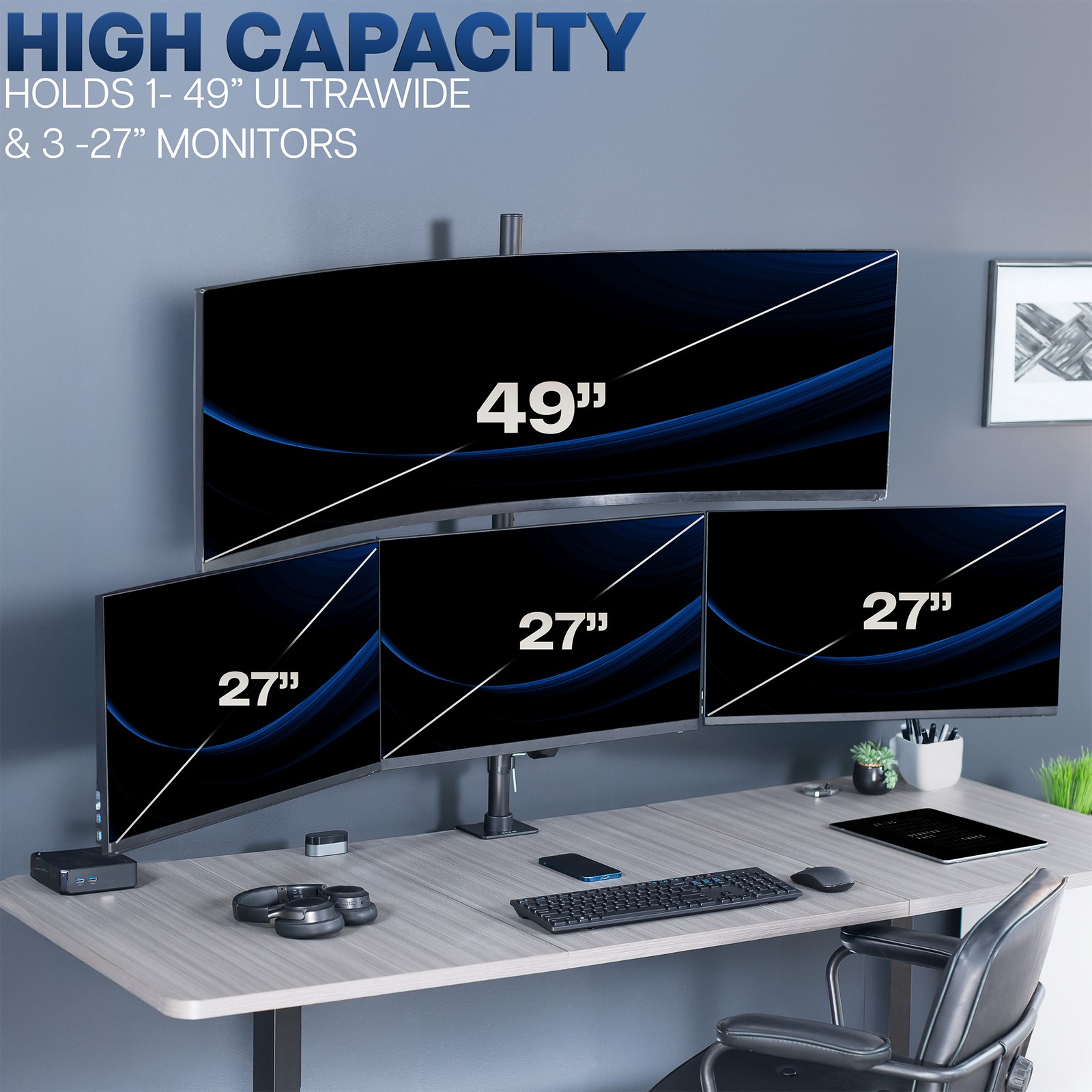 VIVO Quad Computer Monitor Desk Mount, 1 Ultrawide to 49″, 3 Standard to 27″