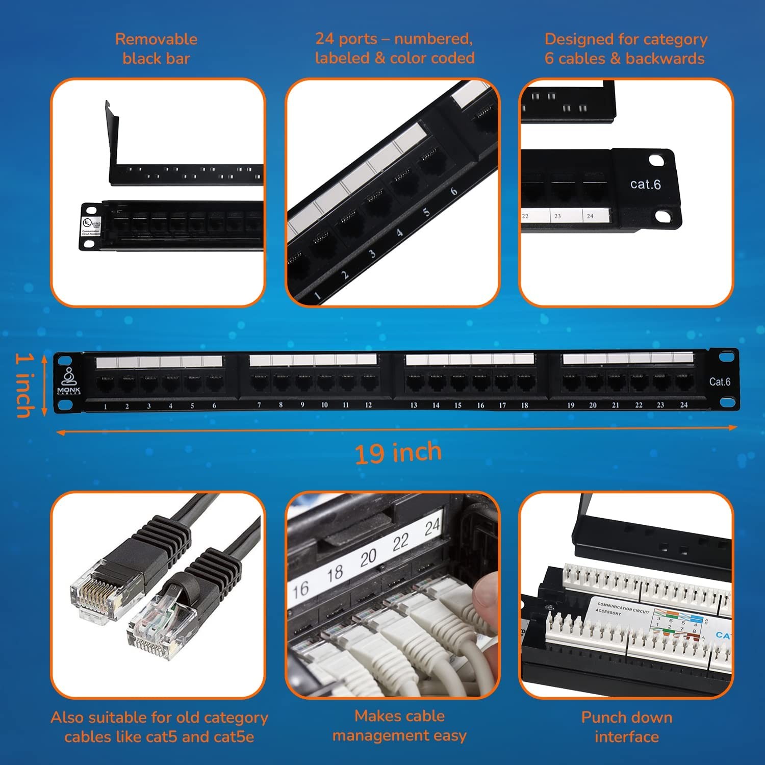 MONK CABLES | CAT6 Patch Panel | Puchdown | 24 Port