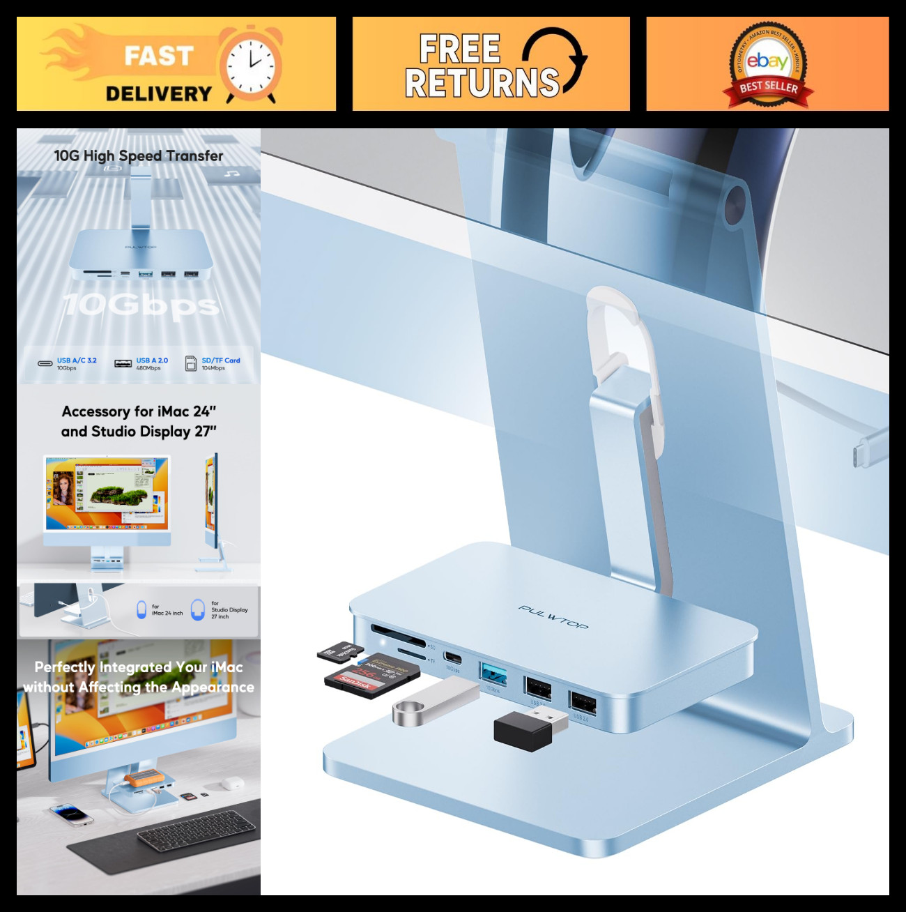 USB C Hub for iMac 2021/2024, 10Gbps Data Transfer, 2 USB A 2.0, SD/TF Card Read