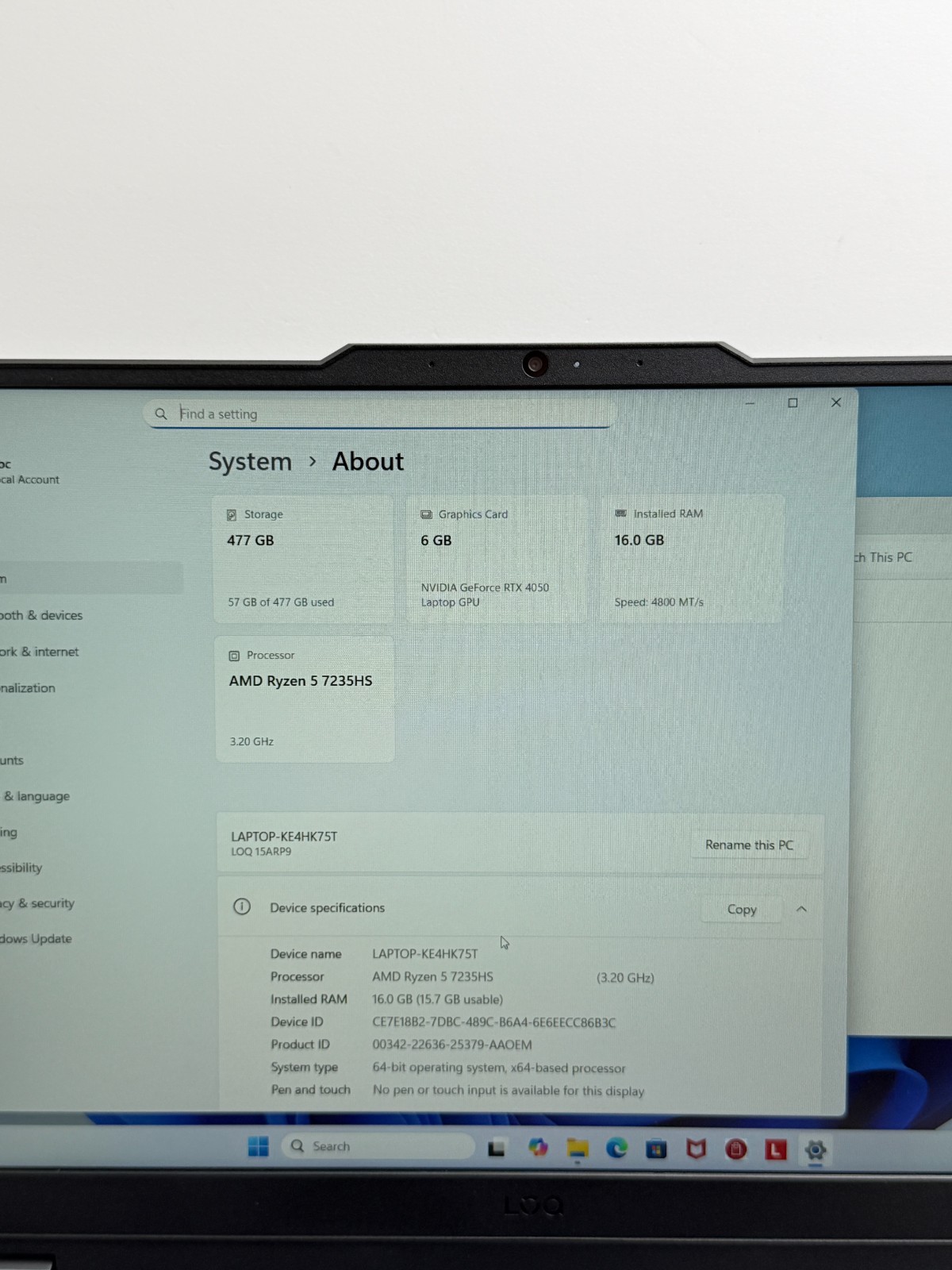 Lenovo LOQ 15ARP9 15.6in 144Hz Ryzen 5 16GB RTX 4050 512GB Gaming Laptop