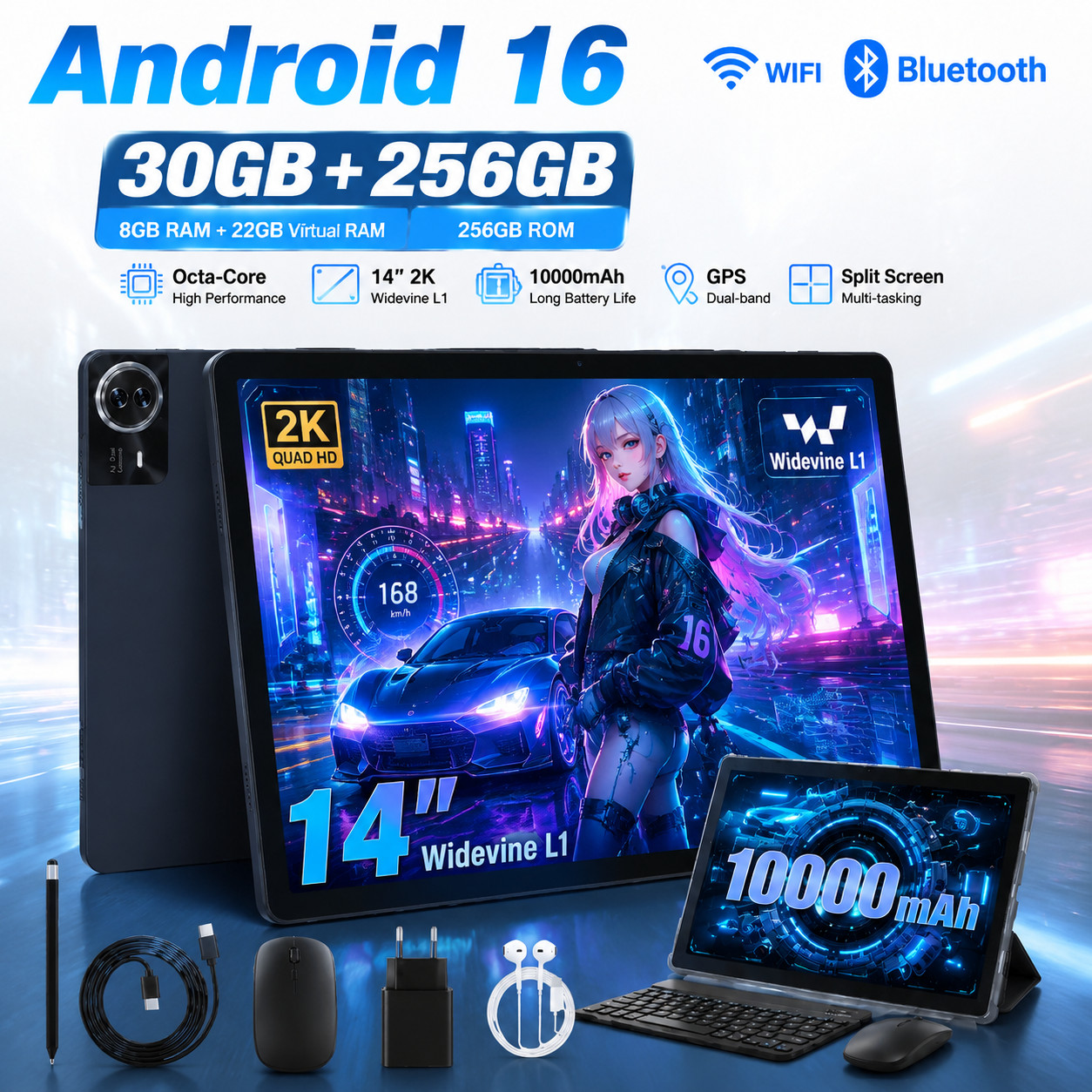 14″ Android 16 Wi-Fi Tablet 30GB RAM 256GB ROM 10000mAh Octa-Core YouTube Google