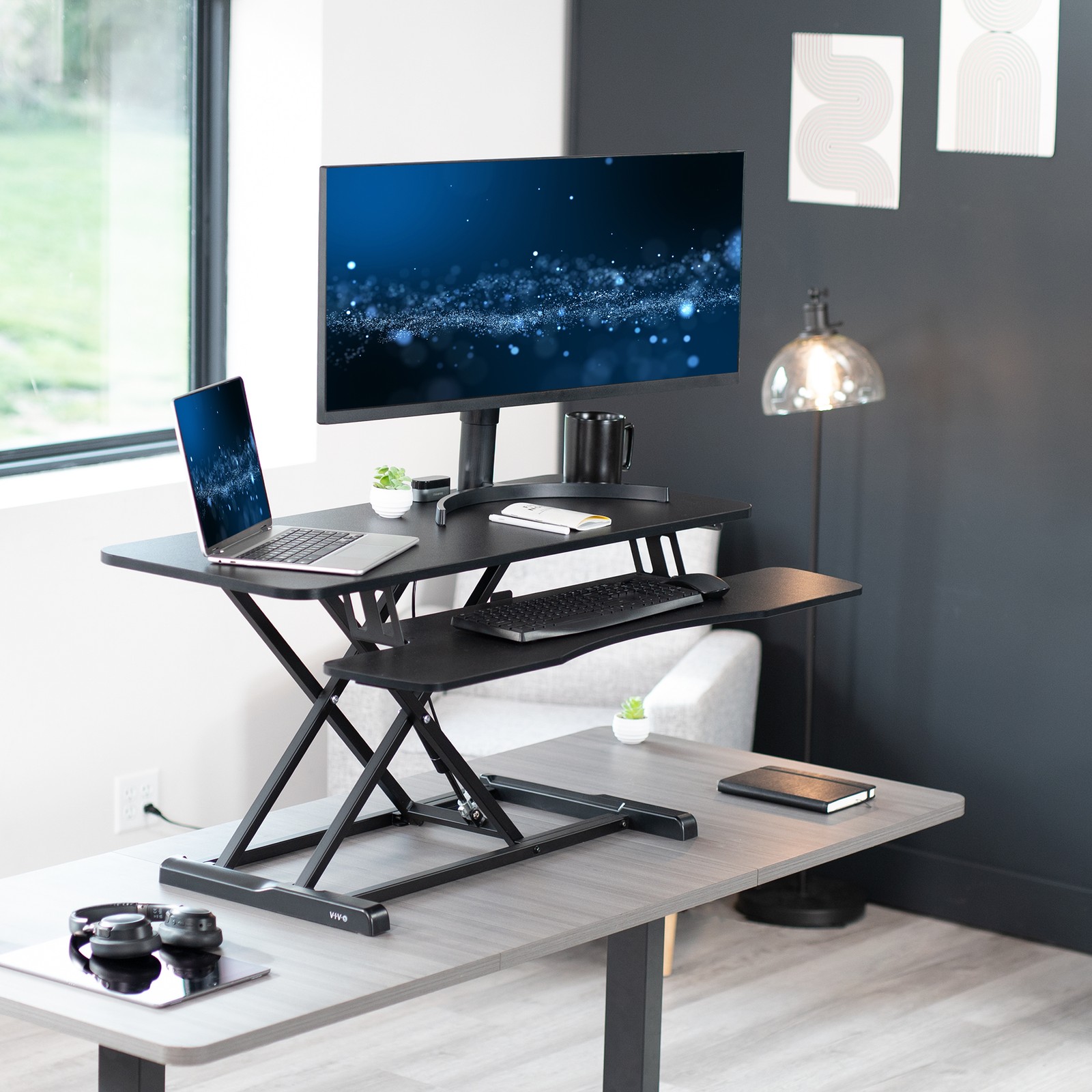 VIVO Black Height Adjustable 42″ Standing Desk Monitor Riser, Sit Stand Tabletop