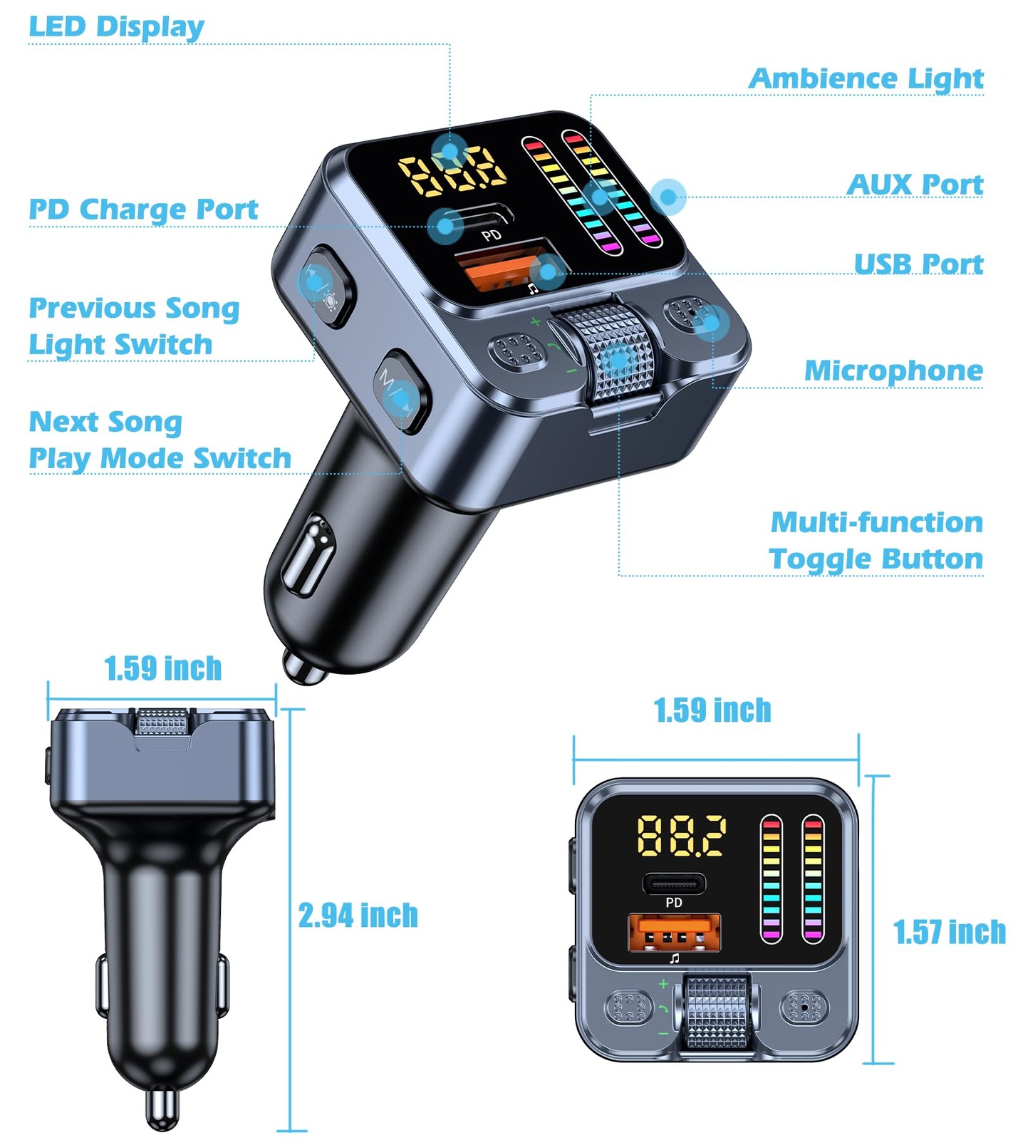 Bluetooth 5.3 Car Adapter with FM Transmitter 42W PD Fast Charging, Wireless…