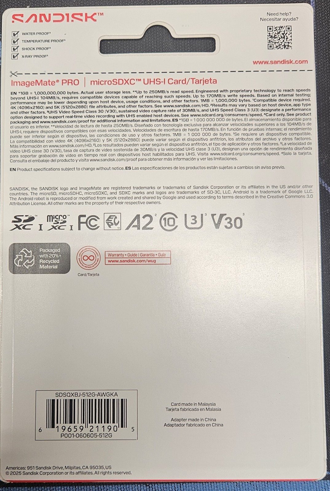 SanDisk ImageMate PRO 512GB microSDXC UHS-I Card A2 U3 V30 250MB/s New Sealed