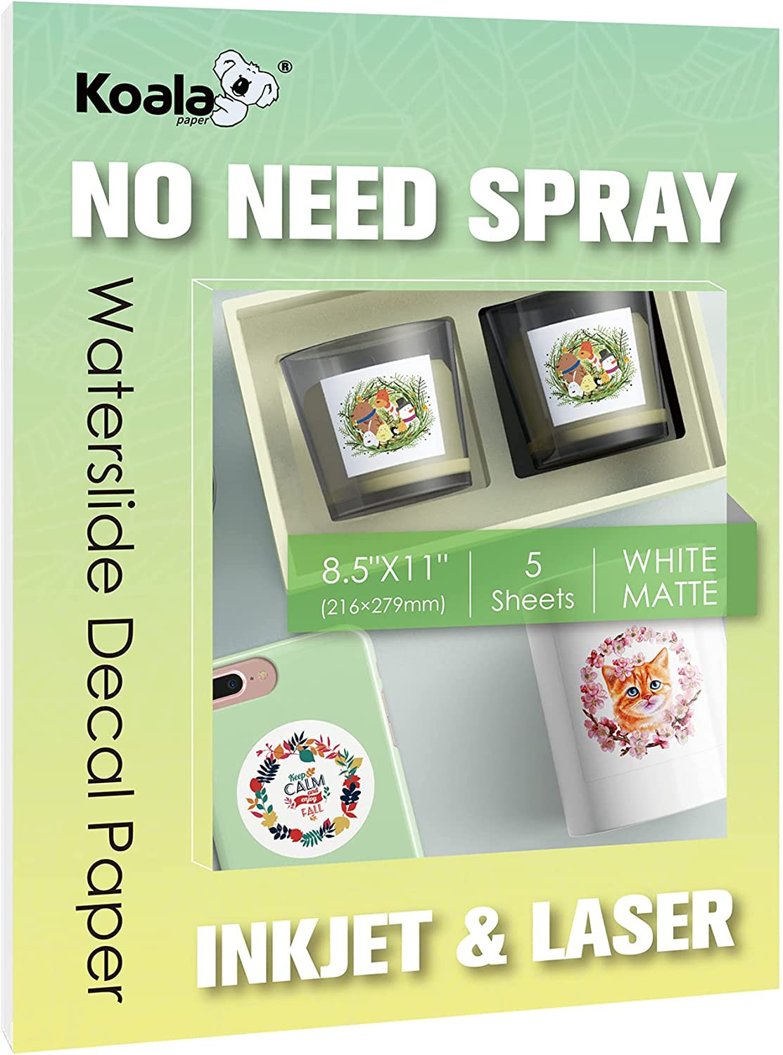 KOALA Matte Waterslide Decal Paper for INKJET & LASER Printers, No Need Spray Co