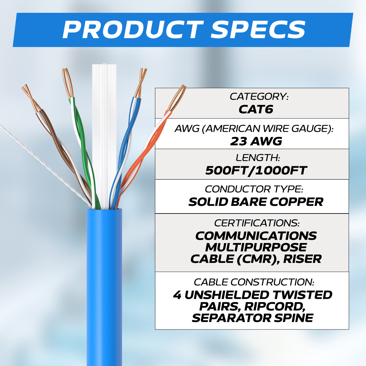 500FT CAT6 CMR Riser Ethernet Cable UTP Solid Bare Copper LAN Network Wire LOT