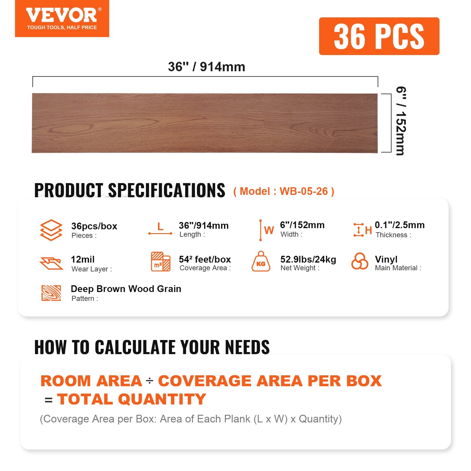 Self Adhesive Vinyl Floor Tiles 36 x 6 inch, 36 Tiles 2.5mm Thick Peel & Stick,