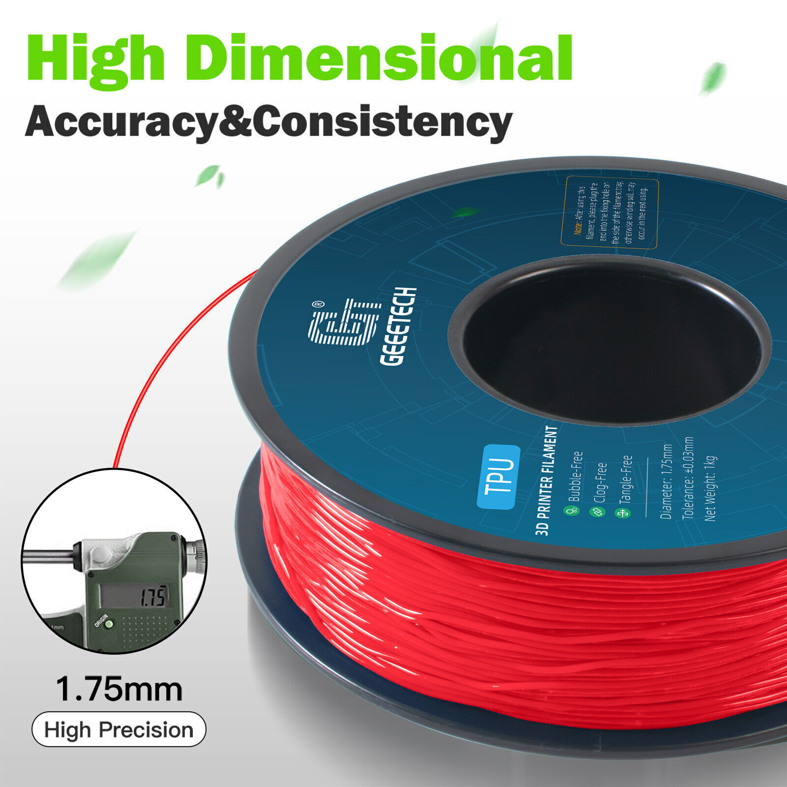 1kg/Roll GEEETECH TPU Filament Solid Color 1.75mm Flexible 3D Printer Filament